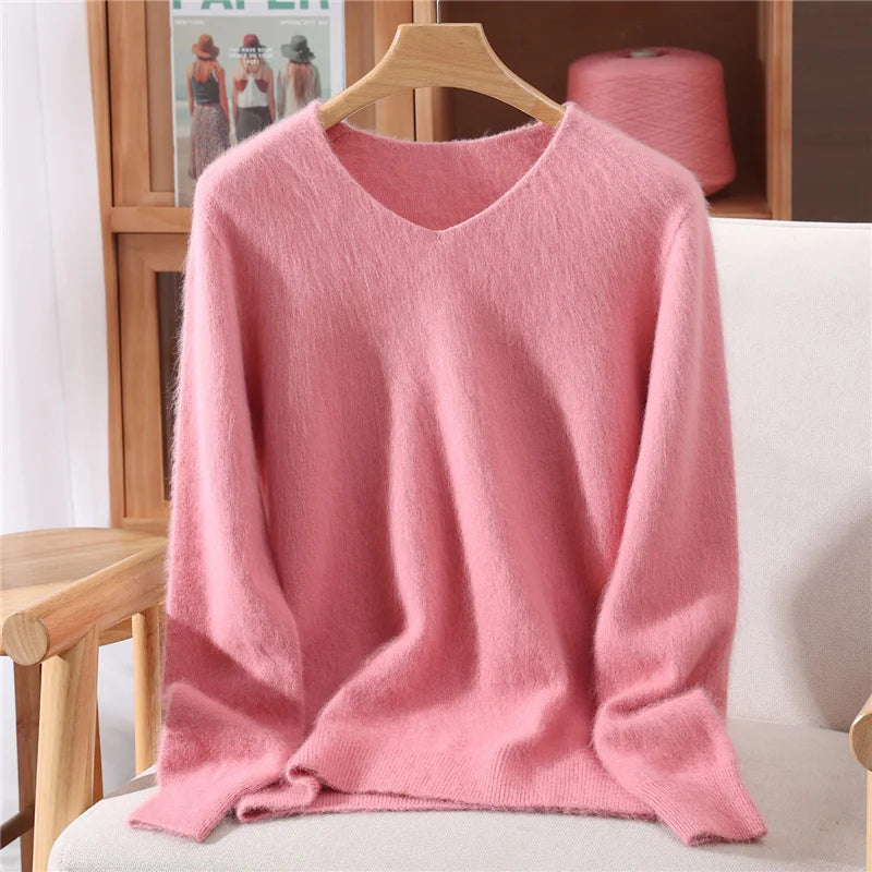 100% Mink Uzbekistan Cashmere 10 Colors S-3XL UK Plus Size Sweater Women's Autumn Winter New Style Solid Color V-Neck Knitted Top Quality Sweater Versatile Loose Base Top