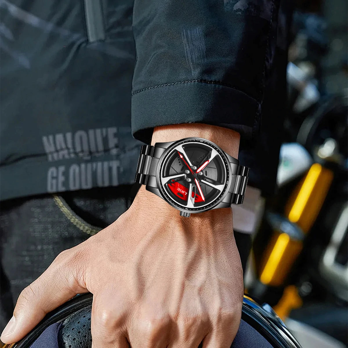 New 30Km Waterproof 6 Colors Sports 3D Xiaomi Car Wheel Watch Fashionable Rotating Dial Stainless Steel Strap Waterproof Quartz Watches Reloj Hombre Sports Supplies