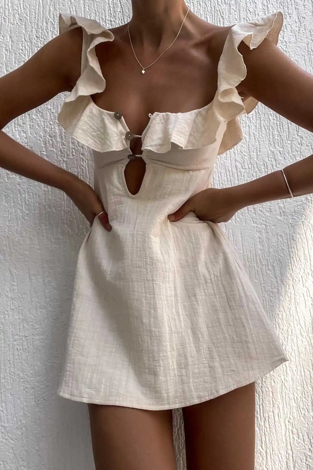 NEW Arrivals S-XL UK Size Retro Mini Beach Dress for Women Summer New Fashion Sexy Ruffled Strap Dress Women Hollow Out Short Dress Spring Summer Evening Beach Party Night Clubwear