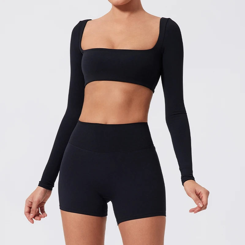 NEW Arrivals S-XL 7 Colors Quick Dry Square Neck Activewear Women Gym Top Women Fitness Sports Crop Top Female Casual Long Sleeve Yoga Clothes