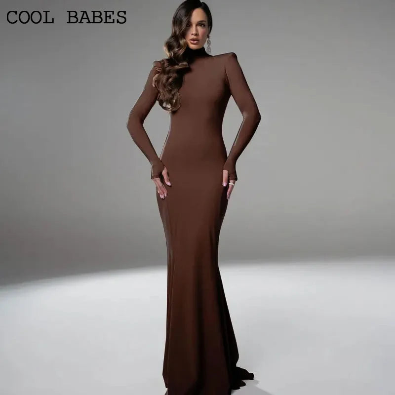 NEW Arrivals Brown/Khaki Color Long Sleeves Women's Evening Dress Elegant Party Spring Autumn Winter Sexy Backless Dress Streetwear Fashion Casual Slim Turtleneck Brown Dress