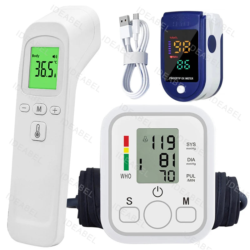 NEW 3PCS Set LCD Portable Health Care Pulse Meter BP Monitor Automatic Digital Arm Blood Pressure Monitor Tonometer Meter Sphygmomanometer Health Care Supplies