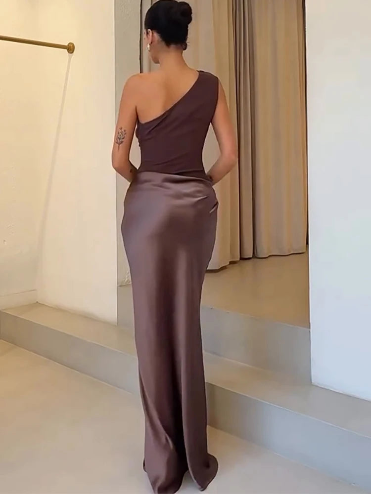 NEW Arrivals 4 Colors Patchwork Backless Satin Sexy One Shoulder Women Maxi Dress Sleeveless Evening Dress Summer Slim Elegant Party Clubwear