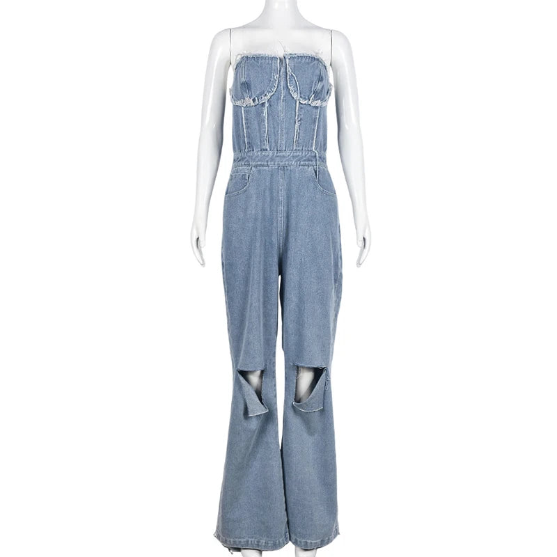NEW Arrivals UK Size Casual Denim Jumpsuit Summer Women Strapless V-Neck Zip Up Hole Street Trend Wide Leg Pants Club Romper With Pockets