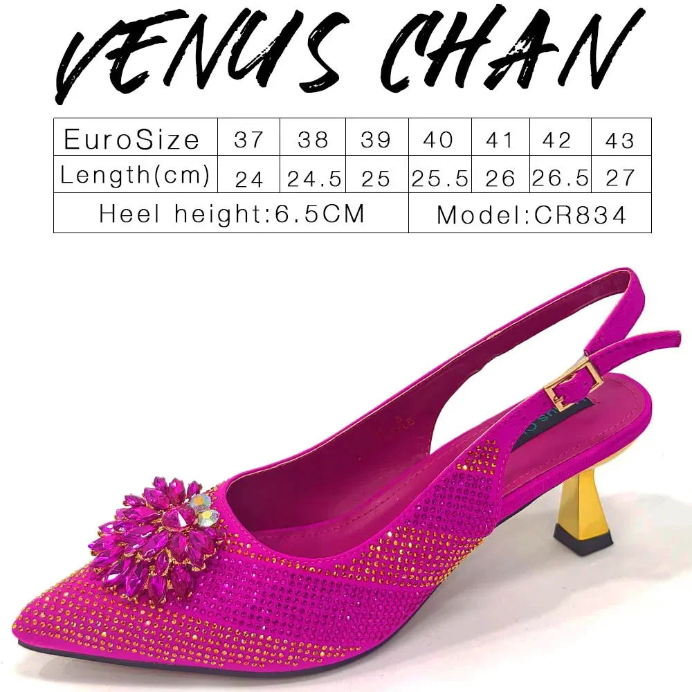 NEW Arrivals 8 Colors Italian Design Rhinestone Luxury Wine Colour Pointed Toe Shoe & Bag Matching Set Women's High Heels Night Club Business Dinner Evening Wedding Birthday Party Ladies Luxury Fashion Apparel Accessories Set