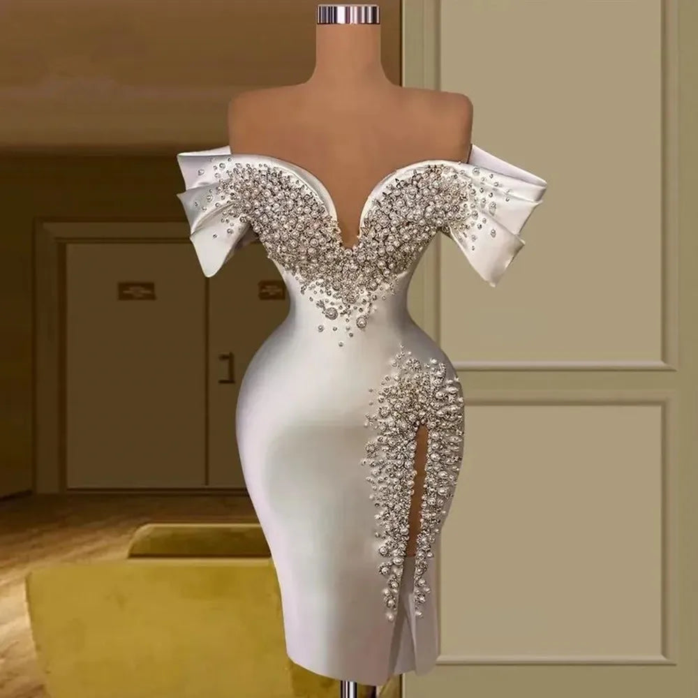 Low-Price Sales are Limited NEW Luxury Sheath Short Wedding Dress Off Shoulder Crystal Pearls Satin Night Business Dinner Opera Concerts Formal Party Gowns Women Ladies Luxury Fashion Clothing Products