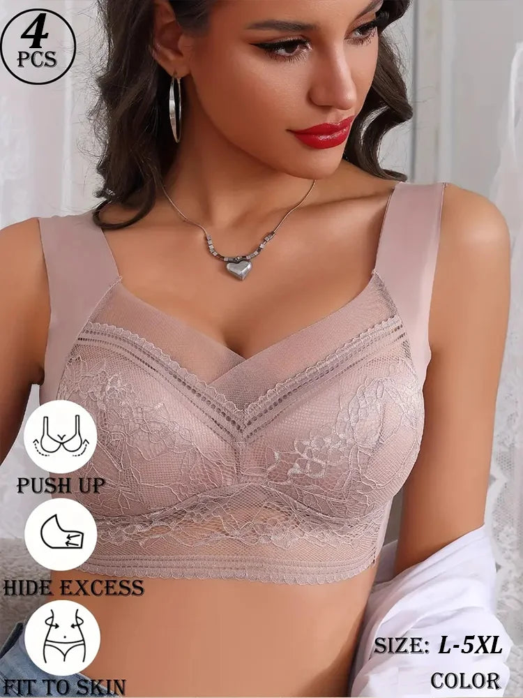 NEW Arrivals 4PCS Set L(45-50KG) -5XL(100KG) Set Women Lace Bra Perspective Push Up Ice Silk Deep V Bralette Bra Sexy Lingerie Tops Plus Size Cup Mom's Underwear