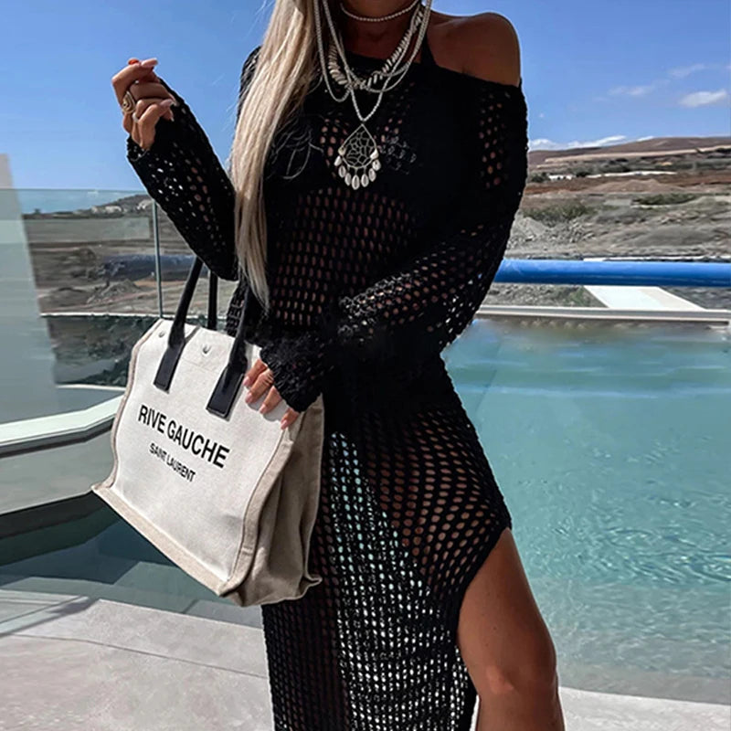 NEW 5 Colors Beach Rave Party Sexy Perspective Handmade Knit Round Collar Long-Sleeve Lacing Solid Bikini Swimsuit Cover Up Long Split Dress See Through Bikini Swimwear Sexy Cover Up Dress