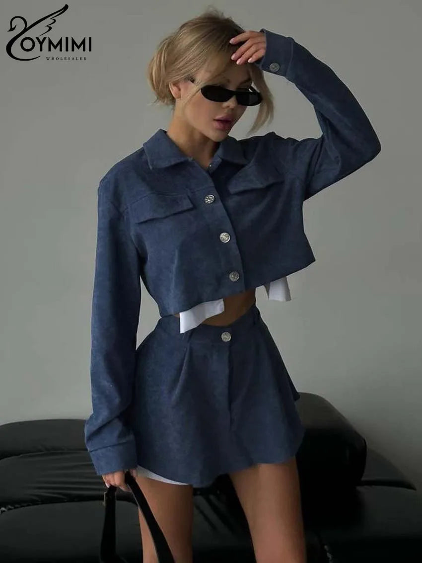 BRAND NEW 2PCS Set Blue/Gray/Black Color Patchwork Women Spring Outfit Elegant Long Sleeve Button Crop Tops And High Waisted Mini Skirts Sets