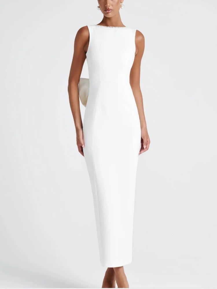 NEW Elegant Pearl Bow Backless Sexy Maxi Dress Women Gown Fashion Sleeveless High Waist A-Line Club Party Long Dress