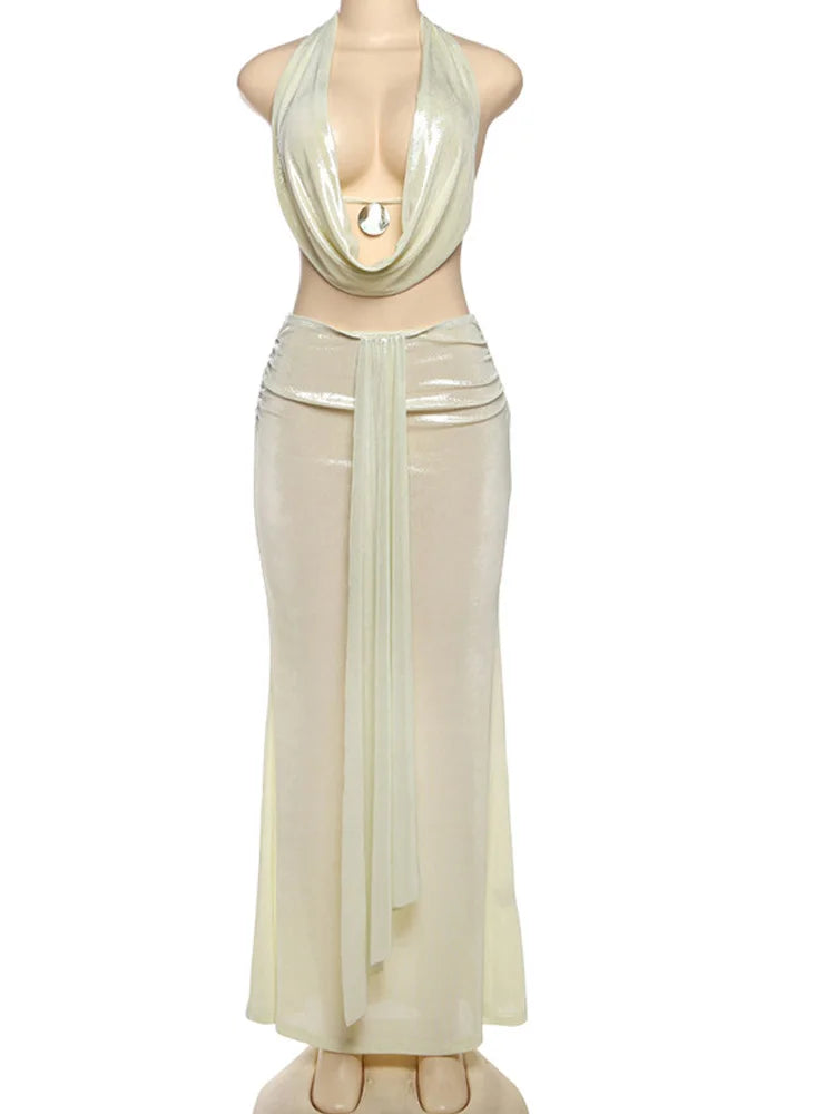 NEW BRAND 2 PCS Set UK Size Spring Summer Sexy Shiny Drape Metallic Skirt Dress Nigh Club Outfits Women Backless Long Straps Matching Set Evening Beach Party Ladies Sexy Dress