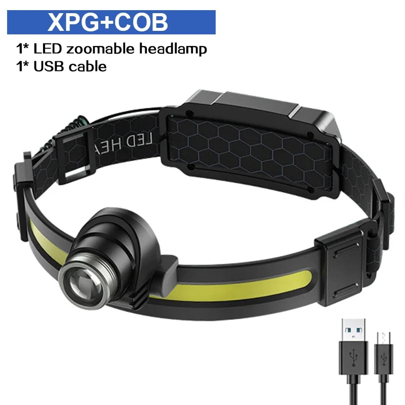 High Power LED Headlamp 7 Modes XPE+COB Sensor Headlight Head Torch Flashlight Head Lamp By 18650 Battery For Fishing Hunting