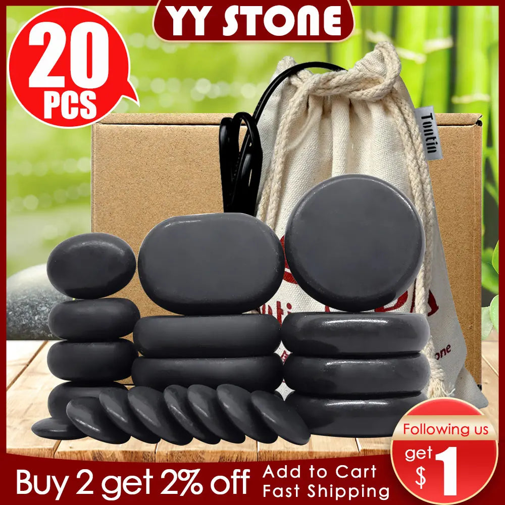 NEW 20PCS Set Korean Professional Hot Stone Massage Set Heater Box Relieve Stress Back Pain Health Care Lava Basalt Round Massage Tool Full Body Pain Relief Treatment Healing Heating Stones