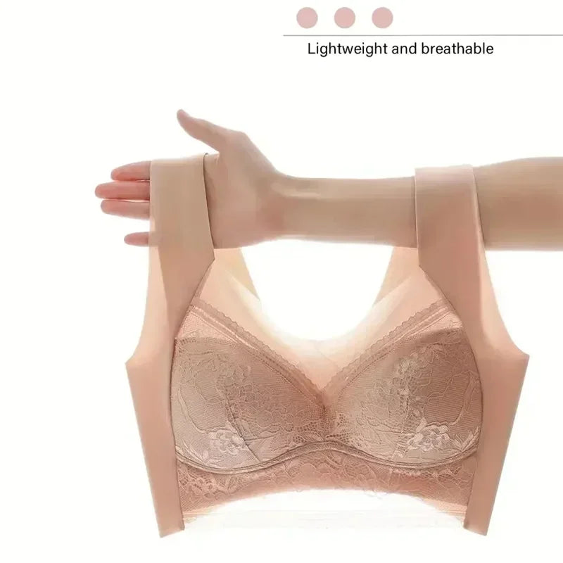 NEW Arrivals 4PCS Set L(45-50KG) -5XL(100KG) Set Women Lace Bra Perspective Push Up Ice Silk Deep V Bralette Bra Sexy Lingerie Tops Plus Size Cup Mom's Underwear