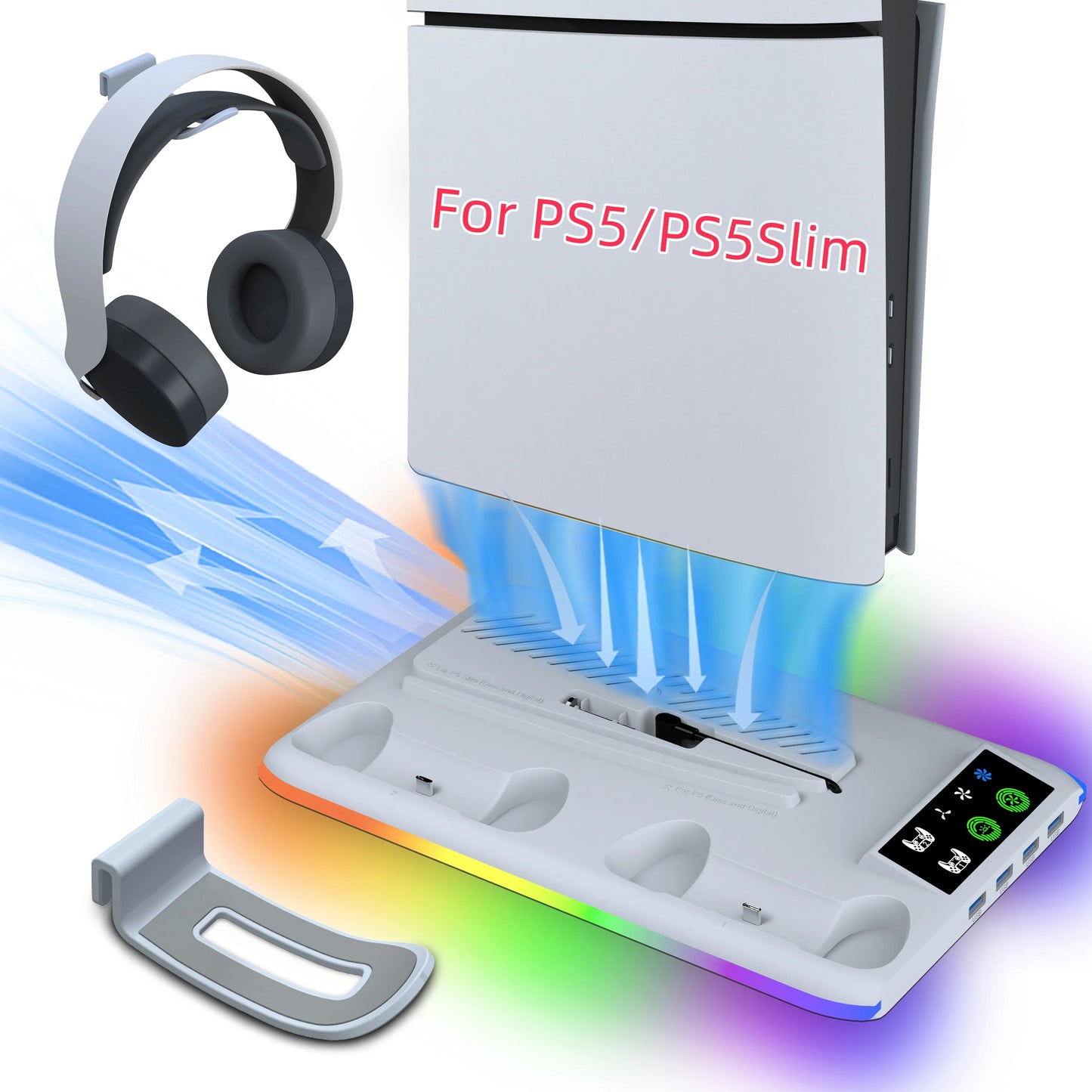 NEW Arrivals for PS5/PS5 Slim Stand with Headphone Hook Cooling Stand with Controller Charging Dock Station With 3 Levels Cooling Fan Computer Video Games Accessories Electronic Supplies