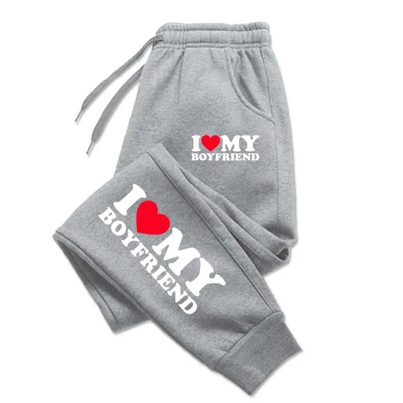 NEW Arrivals S-3XL UK Plus Size Autumn Woman Man Couple Sweatpants *I Love My Boyfriend* Tracksuit Loose Casual Warm Pants Pocket Drawstring Sportswear