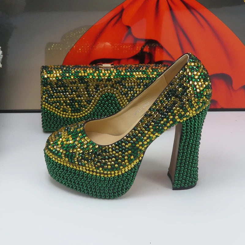 NEW Arrivals Luxury Italian Fashion Teal Blue 5 Colors Wedding Shoes and Bag Set Woman 14CM High Pumps Thick High Heel Evening Party Shoes Matching Bag Round Toe Pumps Ladies Luxury Fashion Clothing Supplies