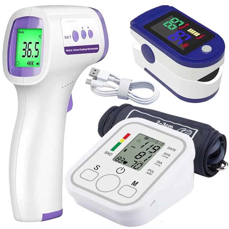NEW 3PCS Set LCD Portable Health Care Pulse Meter BP Monitor Automatic Digital Arm Blood Pressure Monitor Tonometer Meter Sphygmomanometer Health Care Supplies