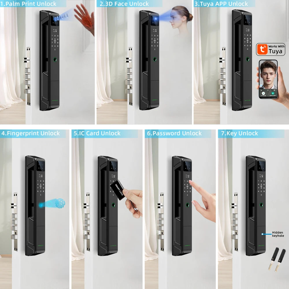 NEW Arrivals P8 TUYA App Wi-Fi Smart Lock, 21 Languages, Remote Video Call Intercom, Face-Palm IC Card Unlock, Black/Gray Anti Theft Top Quality Security System Home Apartments Office Security Supplies