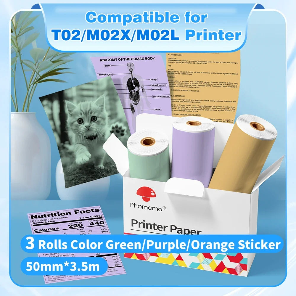 NEW Arrivals 3 Rolls Set PHOMEMO White Sticker Paper Thermal Label for T02 M02L Portable Mini Printer Keep for 10 Years Sticky Paper 50mm/53mm