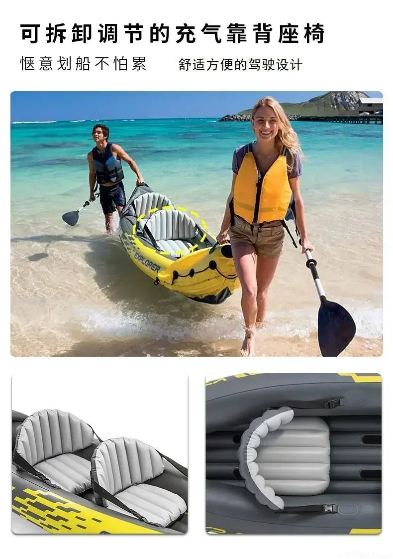 NEW 2 Persons Full Set + Life Jackets Inflatable Kayak Boat Rubber Boat Drifting Single Adjustable Double Assault Boat Drifting Kayak Outdoor Fishing Beach Sea River Boat Sports Supplies