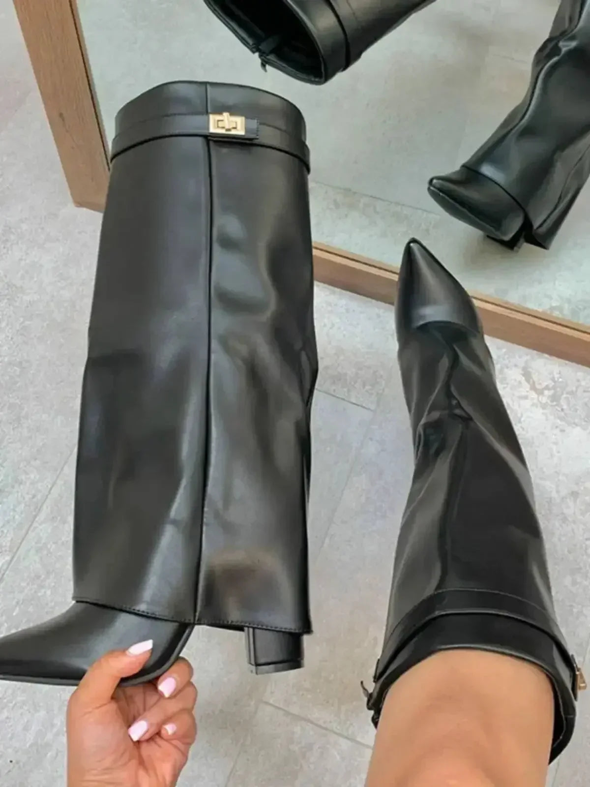 NEW Arrivals UK Big Size 6 Colors Autumn and Winter New Pointed Metal Buckle Knee High Women's Boots, Thick High-Heeled Pants Boots, Fashionable Mid Leg Boots