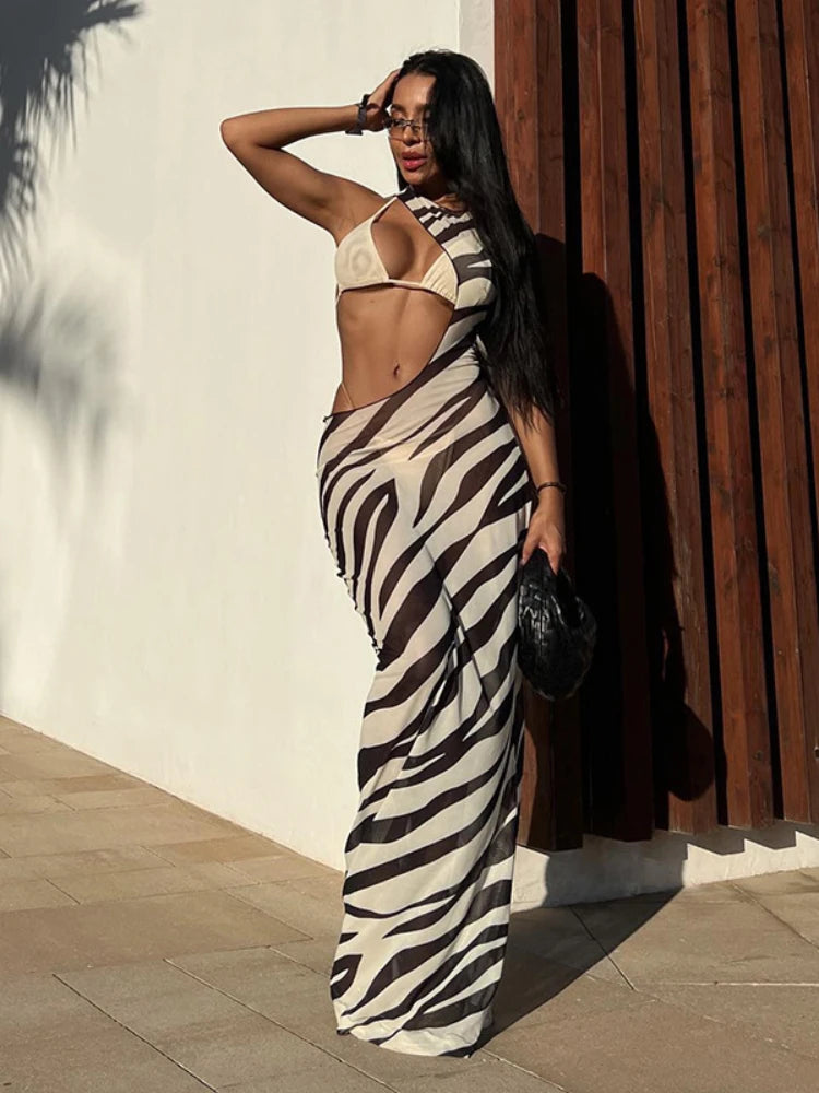 Bodycon Long Dresses For Women Beach Style Backless Vestidos De Mujer Hollow Out Sexy Robe Femme Été Y2k Clothes Zebra Print