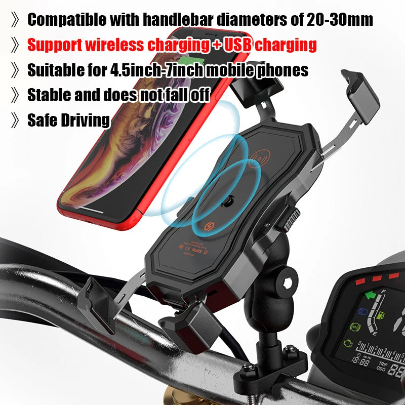 NEW Arrivals Mobile Phone Holder Bicycle Motorcycle Wireless Charging with QC3.0 USB Qi Charger GPS Navigation Mount Bracket Qi Wireless Charger Bicycle Sports Accessories