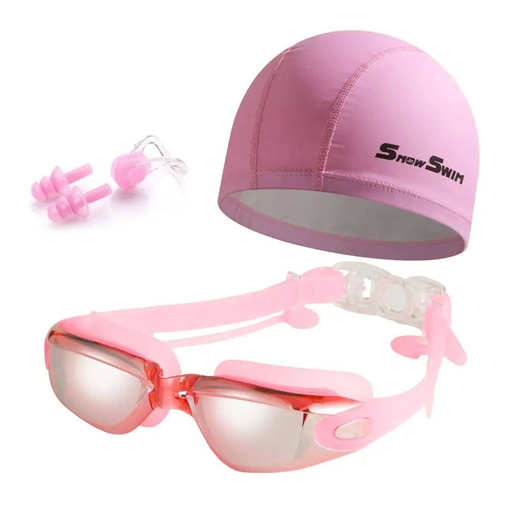 NEW 4 PCS Set Anti-Fog Adult Myopia/ Transparent/ Electroplated Professional Swimming Goggles Set with Nose Clip, and Ear Plugs Adjustable Silicone Swim Cap Waterproof Ultralight