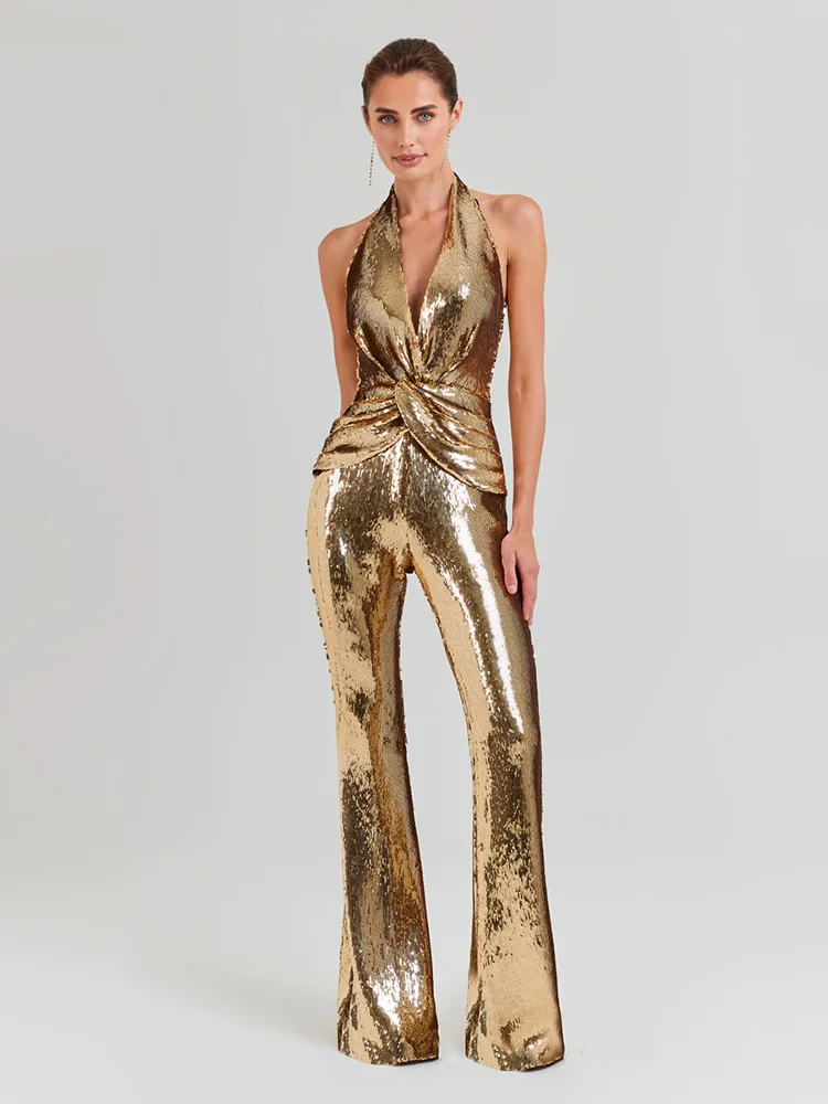 NEW Arrivals Women's Sleeveless Gold Sequin Jumpsuit Sexy V Neck Sparkle Sequined High Waist Wide Leg Pants Jumpsuit Celebrity Evening Party Ladies Luxury Fashion Clothing Supplies