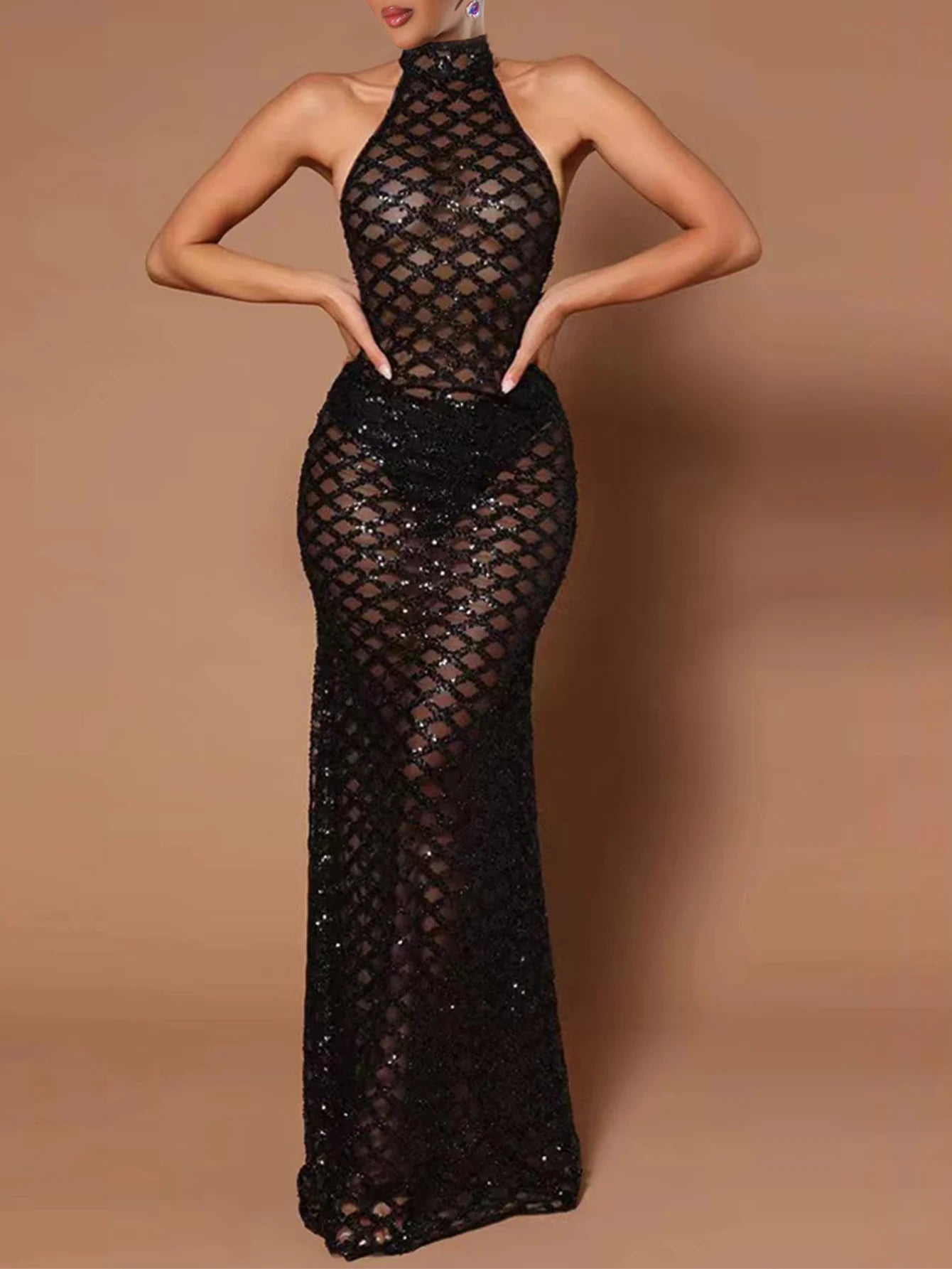 NEW Arrivals Sexy Black See Through Sequin Maxi Summer Dress Women Bodycon Evening Beach Party Nightclub Birthday Party Dress Luxury Evening Long Dresses Girls Ladies Sexy Apparel Supplies