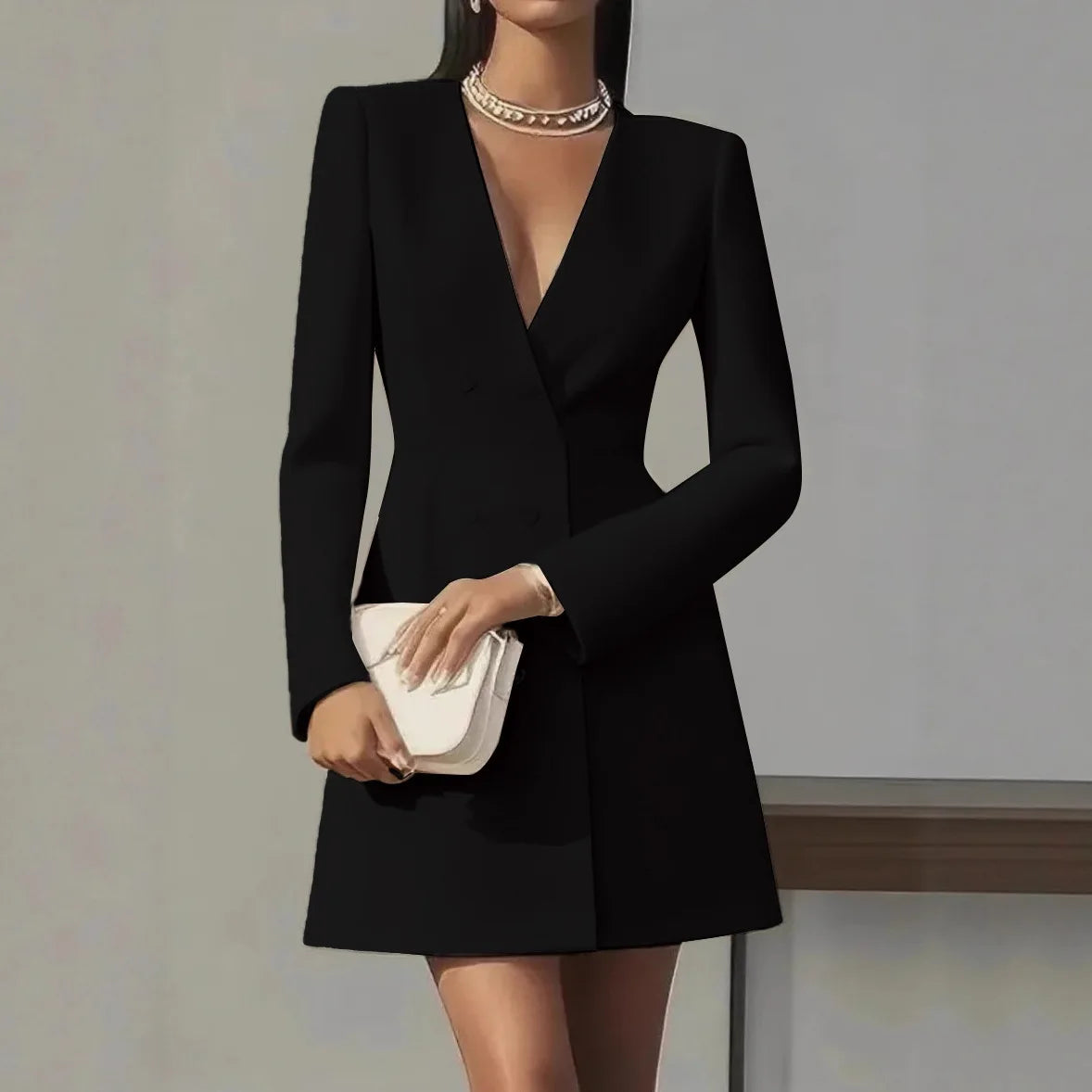 Just Arrived Black/Beige/Blue/Pink Color S-2XL UK Size New Women's Fashion Double-Breasted Deep V-Neck Slim-Fit Suit Dress Elegant Luxury Formal Party Office Business Mini Dress