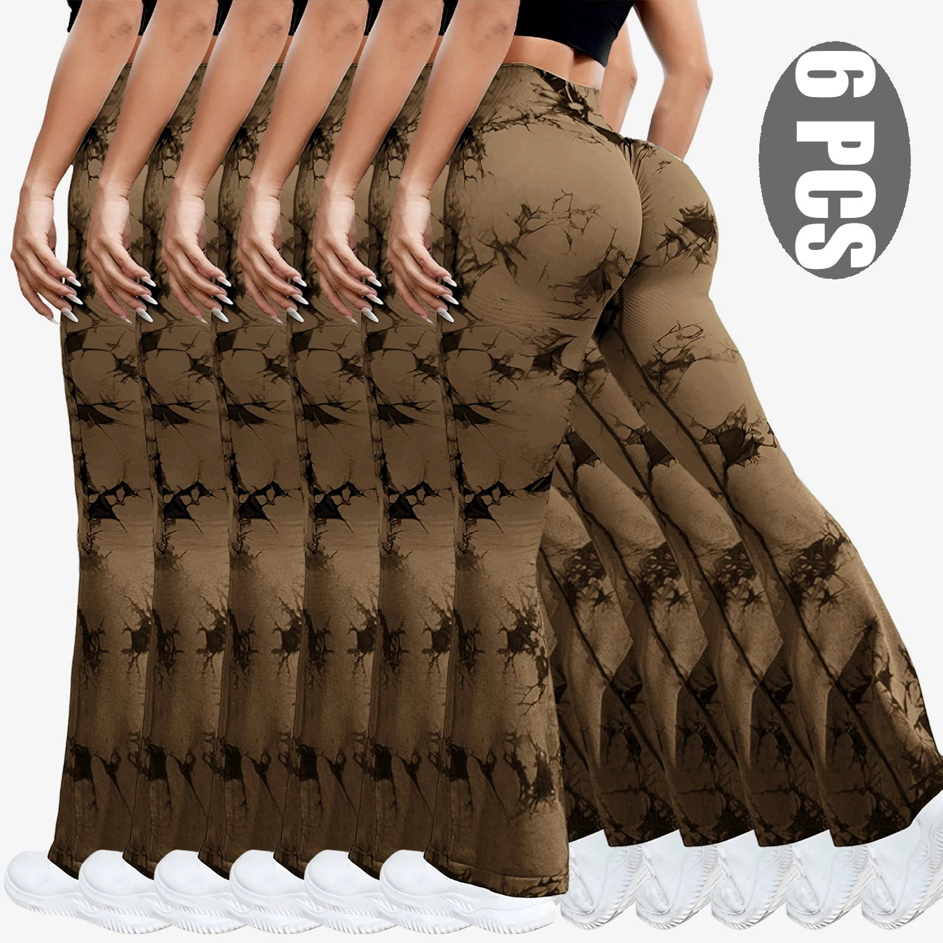 NEW Arrivals 6PCS Set Tie Dye Seamless Yoga Pants Flared Trousers High Waist Butt Lifting Sportswear Women Gym Training Fitness Sports Pants