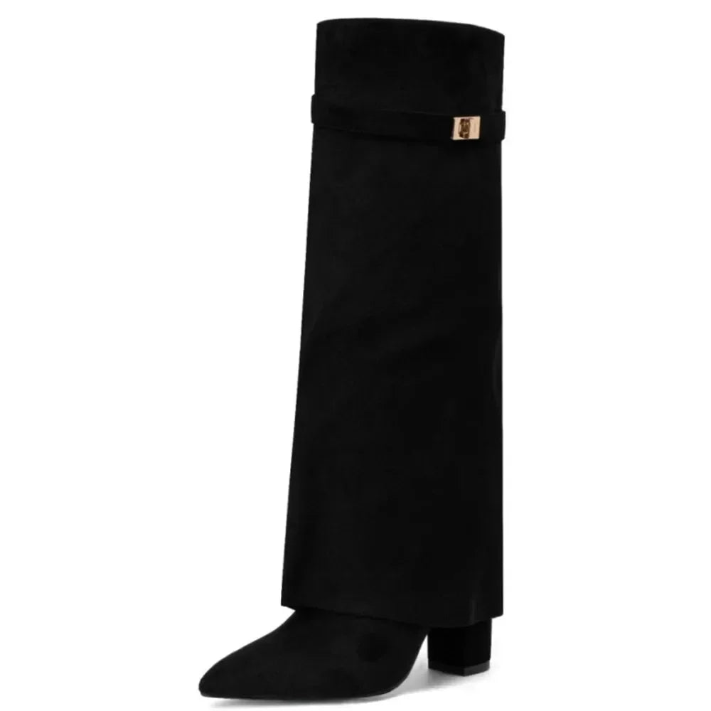 NEW Arrivals UK Big Size 6 Colors Autumn and Winter New Pointed Metal Buckle Knee High Women's Boots, Thick High-Heeled Pants Boots, Fashionable Mid Leg Boots