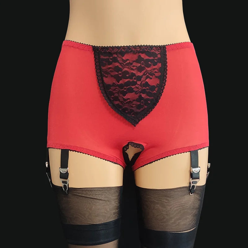 S-3XL Plus Size White/Black/Red Color Front/Back Open Crotch Panty Garter Belt for Stockings Lace Embroidery Sexy Mesh Suspenders Curvy Women Crotchless Garters Exotic Lingerie