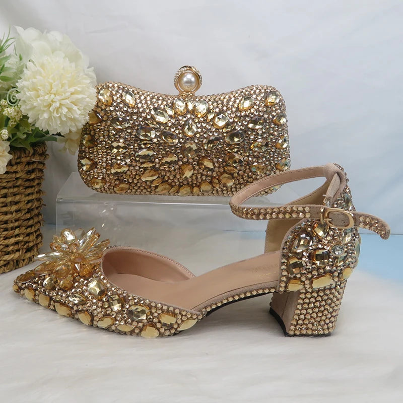 Low-Price Sales are Limited NEW Luxury Champagne Gold Wedding Shoes and Purse Set Women Bridal Fashion High Pumps Party Shoe and Bag Ankle Strap Ladies Luxury Fashion Apparel Accessories Clothing Supplies