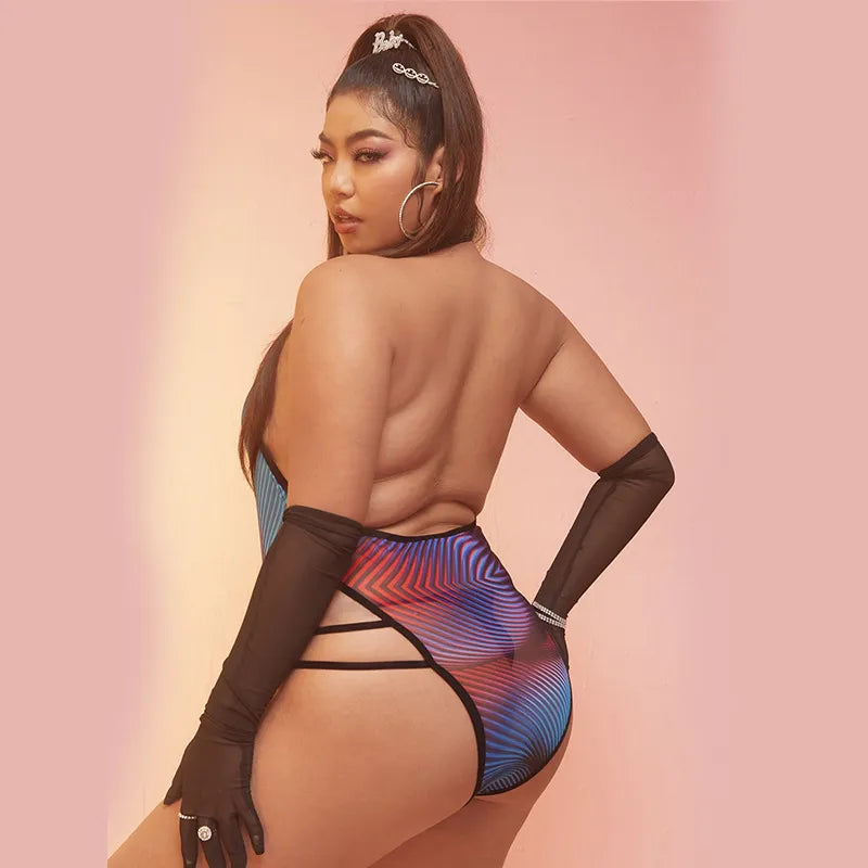 Plus Size Sexy Mesh Pole Dance Bodysuit Zip Open Crotch Swimsuit Women Bar Nightclub Ds Dj Stage Rave Lace up High Cut Bikini