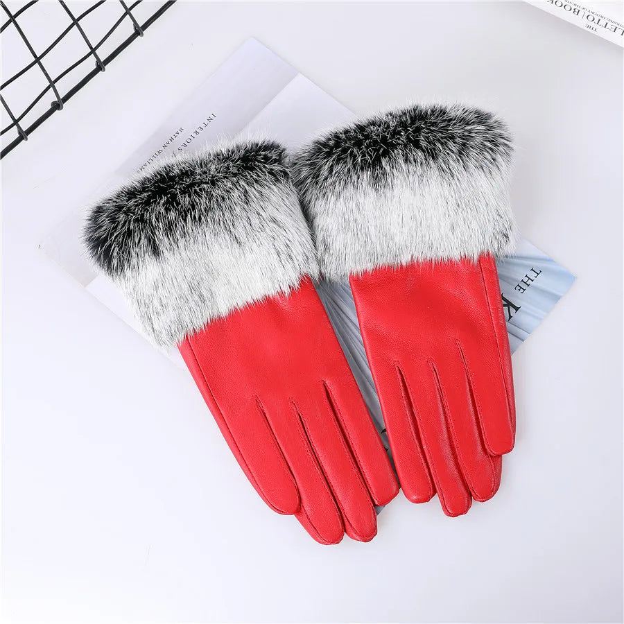 New Arrivals Women's Luxury Real Sheepskin Leather Gloves With Real Natural Rabbit Fur Cuffs Female Formal Evening Party Business Dinner Warm Gloves Fleece Lining Touch Screen Gloves Ladies Luxury Fashion Apparel Accessories