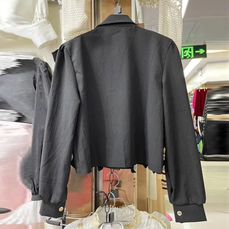 NEW Arrivals Luxury Heavy Beading Sequin Wing High Quality Shirt for Women New Lapel Neck Black Tops Y2K Long Sleeve Ruffles Blouses Ladies Girls Luxury Fashion Apparel Accessories Clothing Supplies