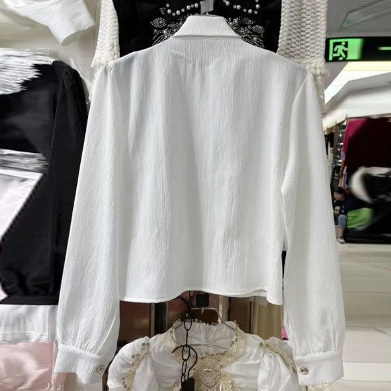 NEW Arrivals Luxury Heavy Beading Sequin Wing High Quality Shirt for Women New Lapel Neck Black Tops Y2K Long Sleeve Ruffles Blouses Ladies Girls Luxury Fashion Apparel Accessories Clothing Supplies