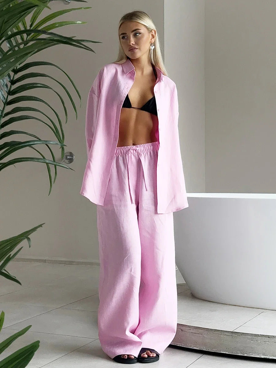 NEW Arrivals 12 Colors/Patterns UK Size Women Casual Cotton Linen Shirt Pants Suit Fashion Single Breasted Blouses Elastic Waist Pant Set Spring Summer Loose Outfit