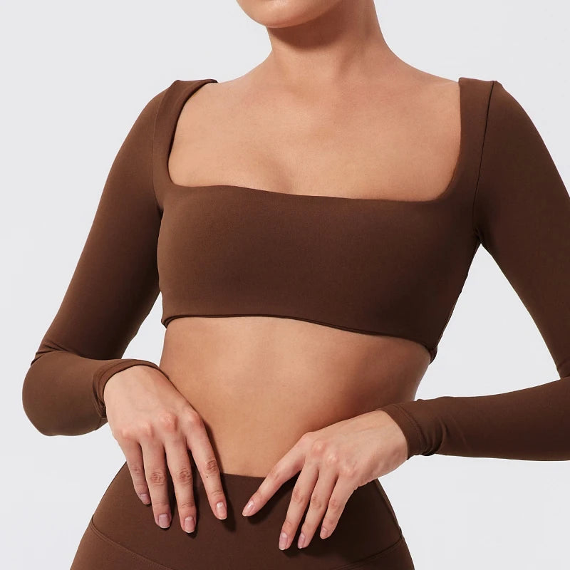 NEW Arrivals S-XL 7 Colors Quick Dry Square Neck Activewear Women Gym Top Women Fitness Sports Crop Top Female Casual Long Sleeve Yoga Clothes