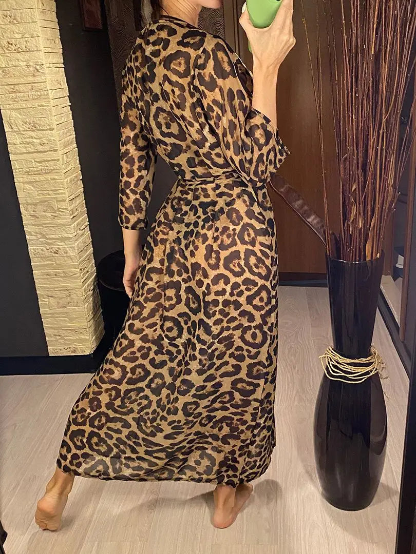 Sexy Leopard Printed Beach Cover Up Chiffon Cover-ups Swimwear Beach Wear Summer Beachwear Female Women Long Dress