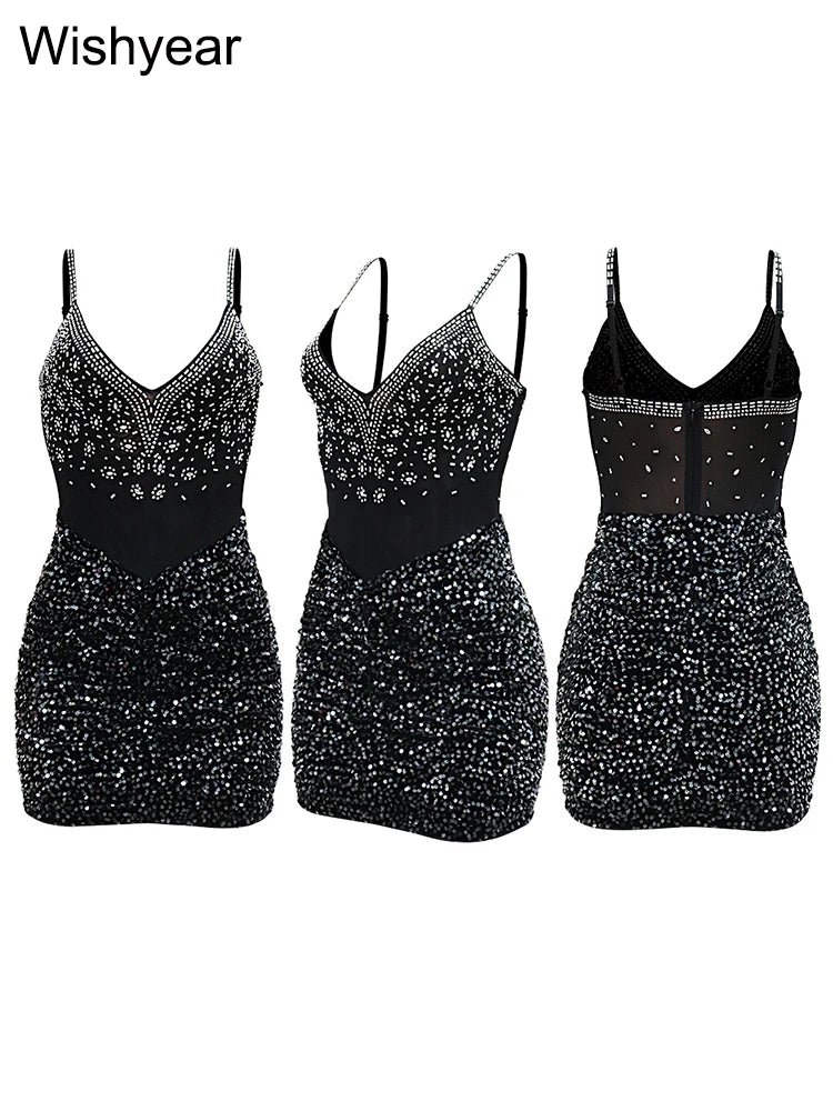 Low-Price Sales are Limited New S-2XL Luxury Black Sleeveless Spaghetti Straps Rhinestone Sequin Patchwork Mini Dress Women Formal Evening Bodycon Wedding Birthday Party Ladies Girls Luxury Fashion Clothing Supplies