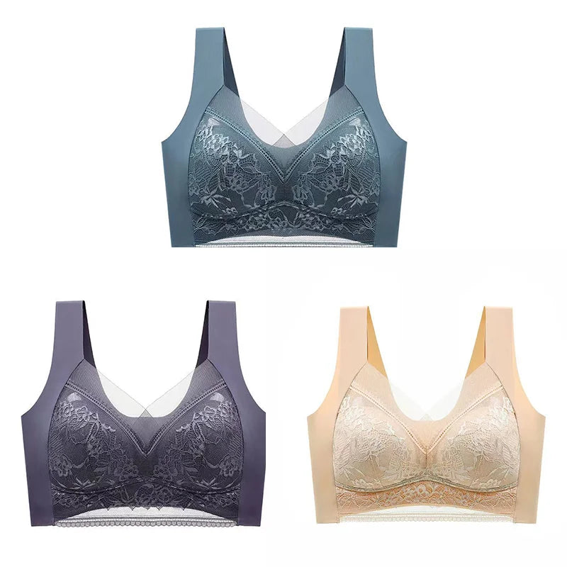 NEW Arrivals 3PCS Set L-(45-50KG) 5XL(100KG) Women Lace Bra Bralette Push Up Perspective Ice Silk Deep V Bra Sexy Lingerie Tops Plus Size Cup Mom's Underwear Chubby Ladies Underwear