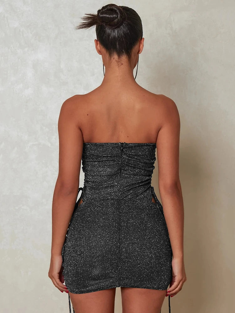 NEW Arrivals 2PCS Set Glitter Sexy Dress Set Black/Silver Color Women Strapless Bodysuit And Mini Skirt Matching Sets Ladies Party Drawstring Evening Party Sexy Night Club Outfit Suit