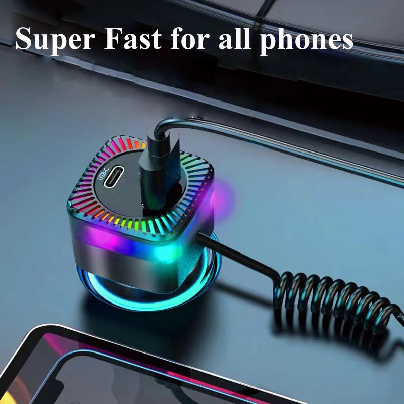 280W USB C Car Charger Adapter with Spring Cable Colorful Light PD 30W 3 in 1 Super Fast Charging for Macbook Samsung iPhone