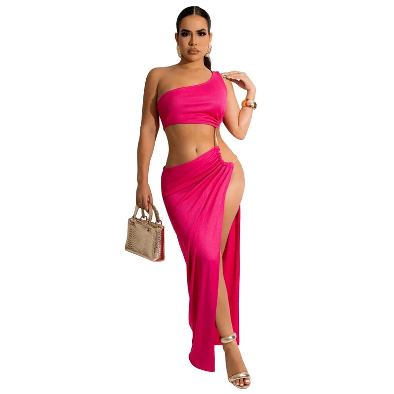 NEW Arrivals S-2XL Sexy Metal Ring Hollow Out Long Evening Beach Party Dresses Women Clothing One Shoulder Skew Collar High Split Night Club Maxi Dress