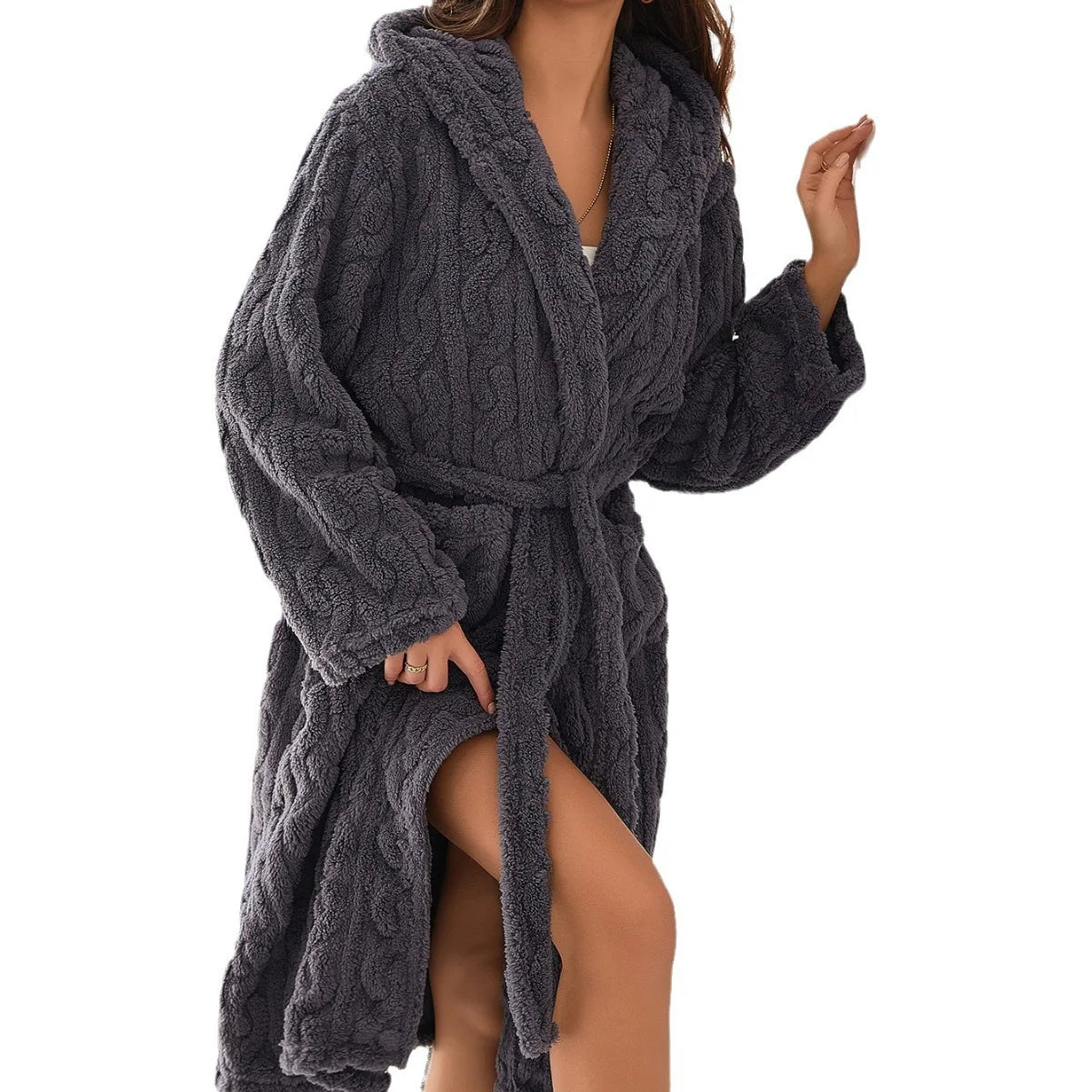 5 Colors Flannel Female Long Robes Lounge Wear Bathrobe Thicken Coral Ribbed Fleece Hooded Bathrobe Gown Autumn Winter Loose Sleepwear Home Clothes Women Casual Fashion Clothing Supplies