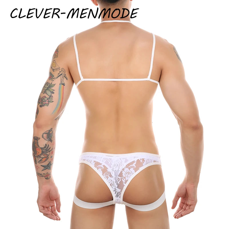 Men's Sexy Underwea Set Mini Lace Transparent Bra Briefs Sex Lingerie Sissy Fetish Bikini Exotic Men Seat Belt BDSM Gay